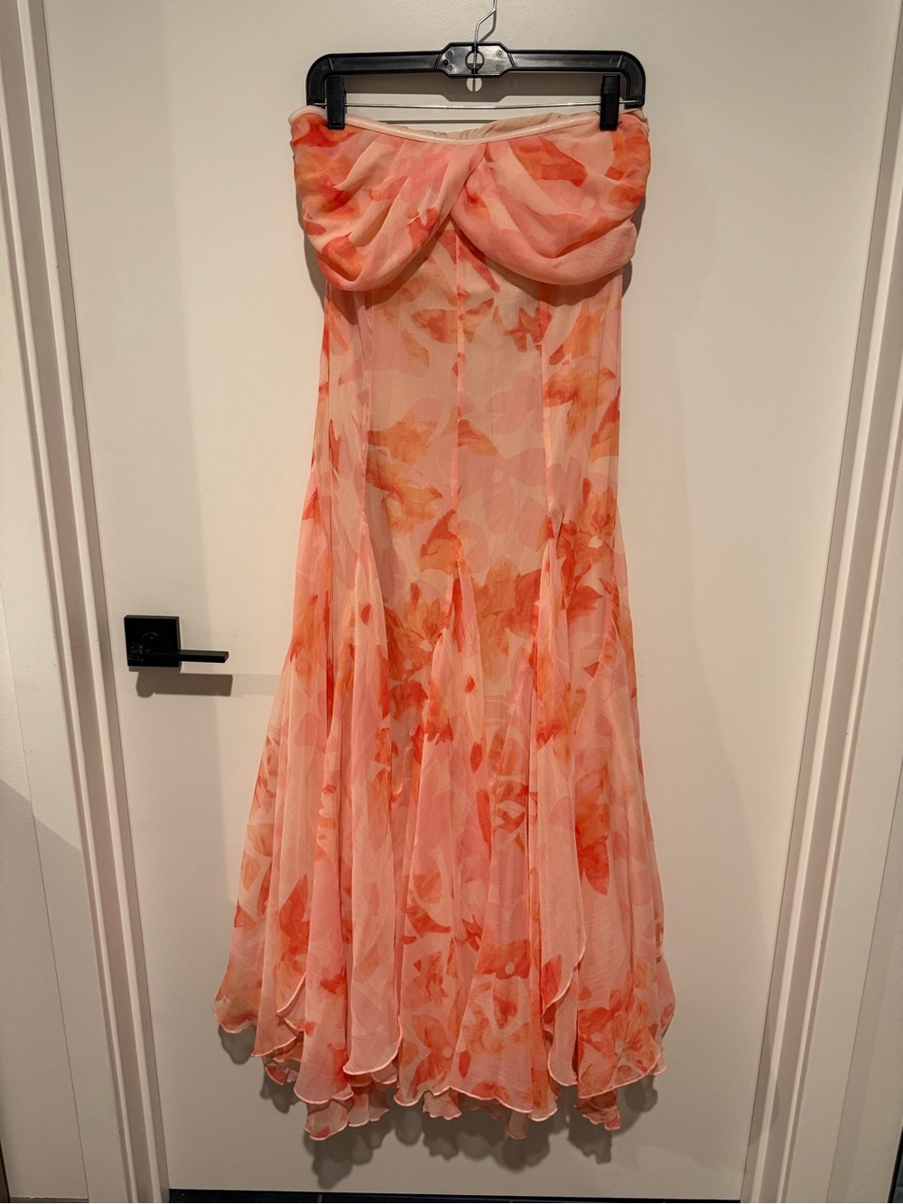 ASOS Strapless Floral Chiffon Maxi Dress in Peach Pink